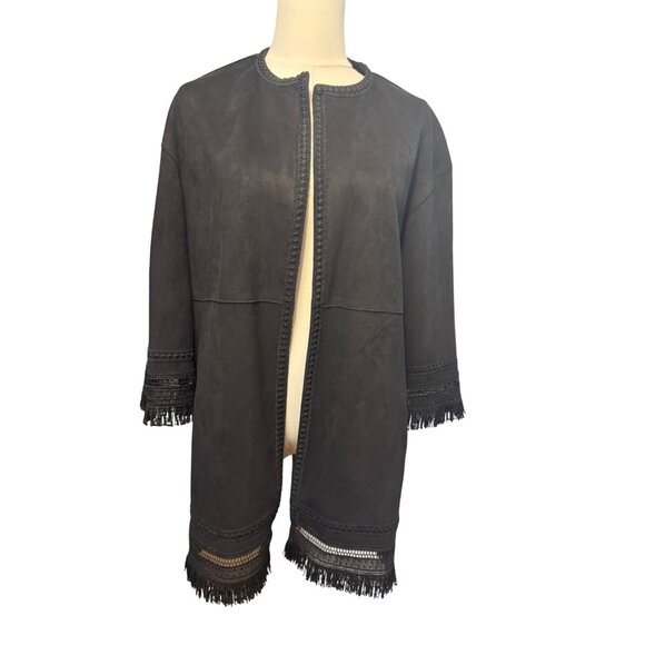 ZARA XS Faux Suede Fringed Trim Boho Jacket in Black Women’s Festival - Picture 1 of 16